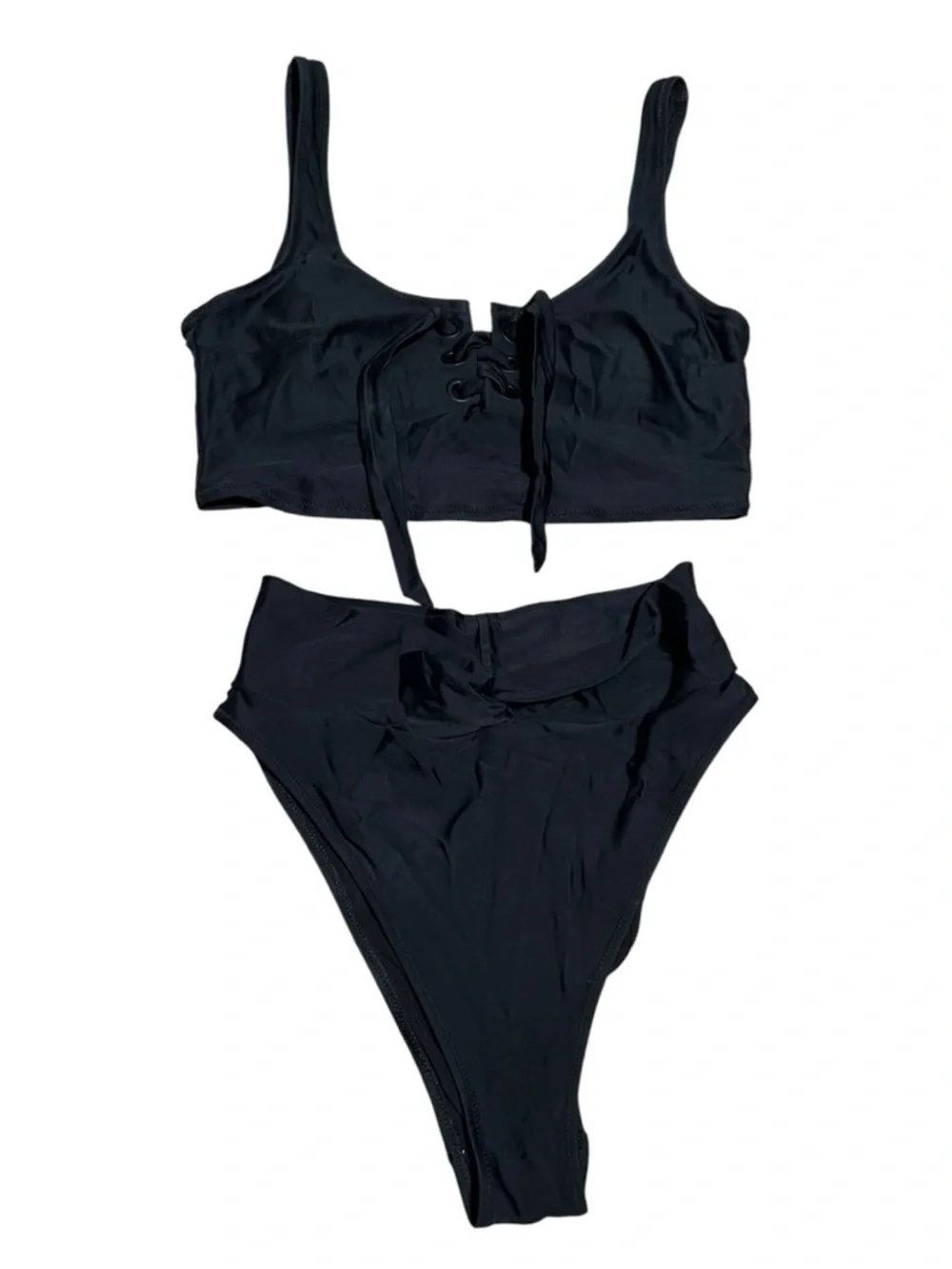 Aerie Womens Size Small Bikini Black Scoop Neck Lace Up High Waist Cheeky Bottom